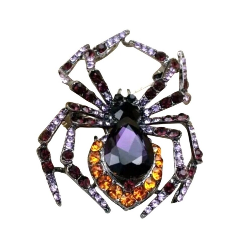 Spider Rhinestone Brooch Purple & Orange Pin Halloween Silver Tone
